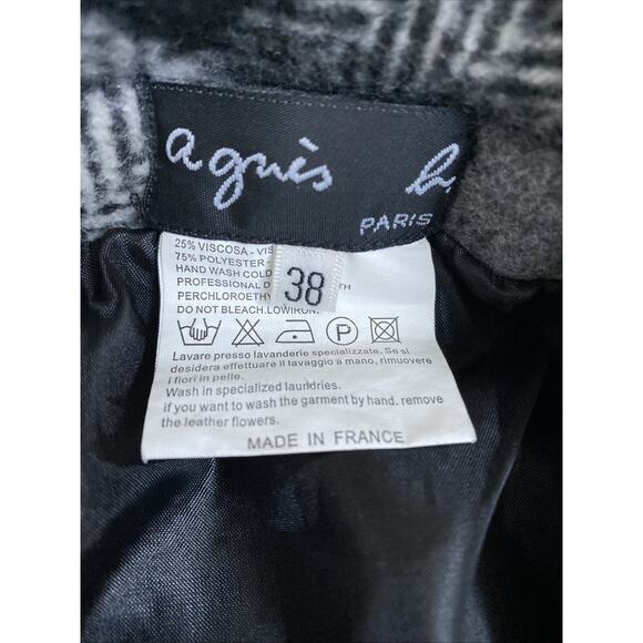 Agnes B Pea Coat Plaid Black White Jacket Puff Sleeve Snap Slip Pockets … - Picture 7 of 7